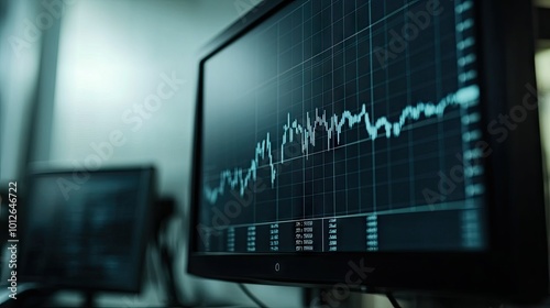 Computer monitor displaying technical analysis charts with volume indicators, used for professional stock trading and investment decisions.