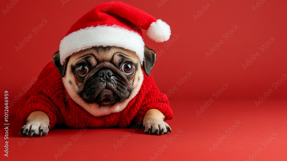 A cute pug in a red sweater and Santa hat celebrates Christmas on a festive background A cute pug in a red sweater and Santa hat celebrates Christmas on a festive background