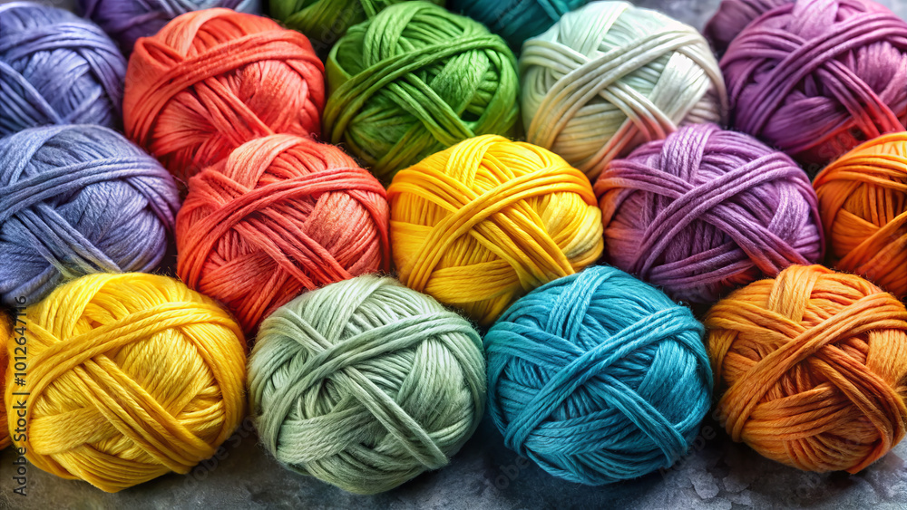 Colorful yarn skeins arranged in precise crisscross pattern create vibrant display. variety of hues evokes creativity and warmth, perfect for crafting projects Colorful yarn skeins arranged in precise crisscross pattern create vibrant display. variety of hues evokes creativity and warmth, perfect for crafting projects