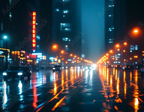 Rainy cityscape at night with glowing headlights and street signs