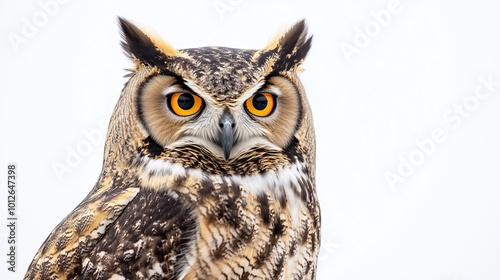  A portrait of an owl on a white background with bright orange eyes and detailed feather texture, showcasing every detail of its majestic appearance photo