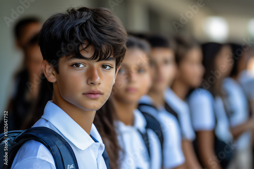 Young boy in uniform with a group outside