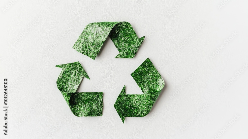 Flat lay of a bright green recycle symbol on a solid white background, emphasizing the focus on recycling and environmental stewardship in a clean and simple design. Flat lay of a bright green recycle symbol on a solid white background, emphasizing the focus on recycling and environmental stewardship in a clean and simple design.
