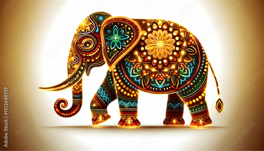 Fototapeta premium Abstract Diwali elephant with glowing traditional patterns isolated on a white background concept as An abstract vector featuring a Diwali elephant adorned with glowing traditional patterns isolated o