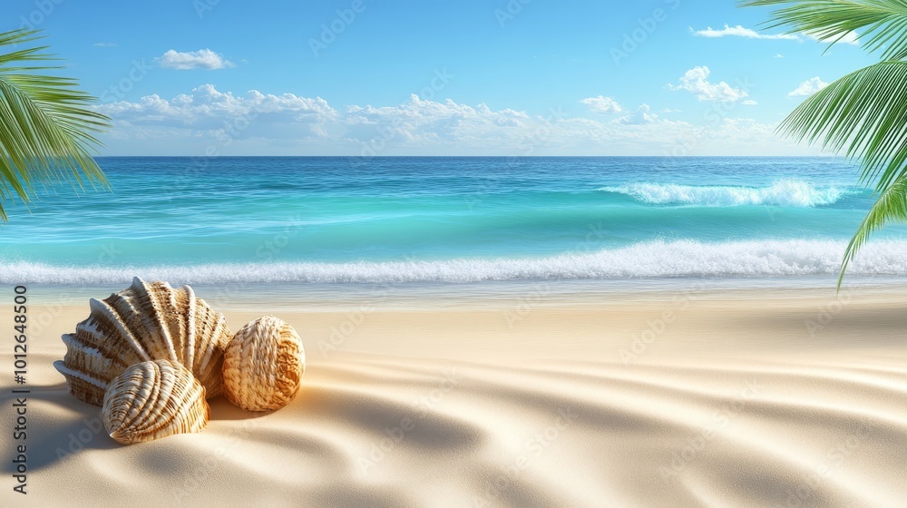 Seashells on a Sandy Beach with Palm Tree and Ocean View Seashells on a Sandy Beach with Palm Tree and Ocean View