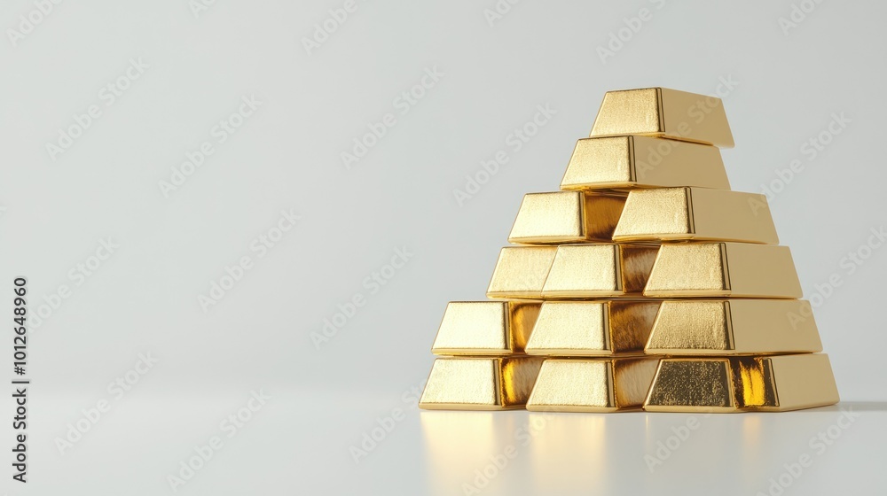 Gold bars stacked on a white background, symbolizing rising gold prices and increasing value in the precious metals market. Ample space for text. Gold bars stacked on a white background, symbolizing rising gold prices and increasing value in the precious metals market. Ample space for text.