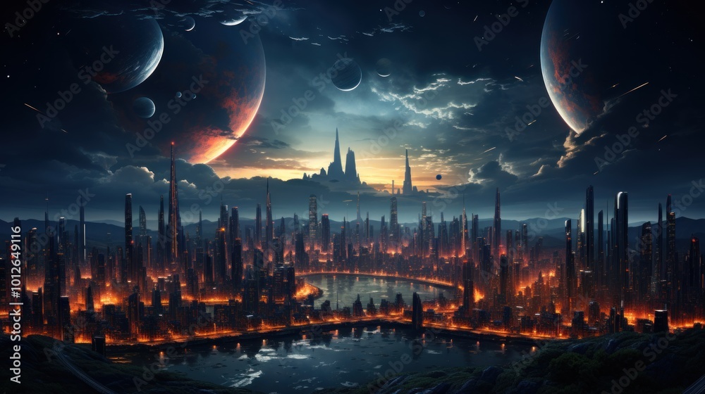 Fototapeta premium Futuristic Cityscape Under a Starry Sky