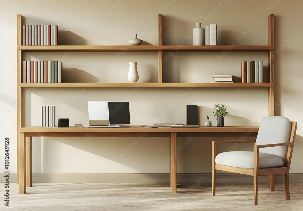 Minimalist Home Office with Open Shelving Unit Minimalist Home Office with Open Shelving Unit