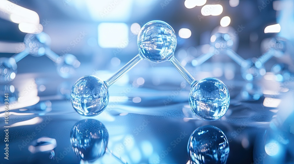 Hydrogen molecules in a futuristic setting, symbolizing breakthroughs in clean hydrogen energy technology and its potential for zero emissions. Space for text.