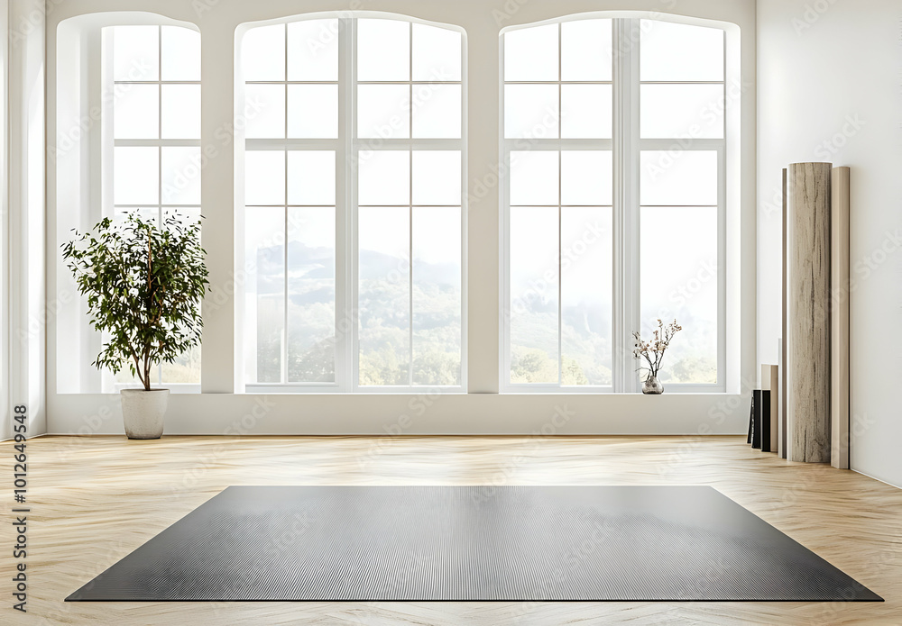 Fototapeta premium Bright Minimalist Yoga Studio with Large Windows