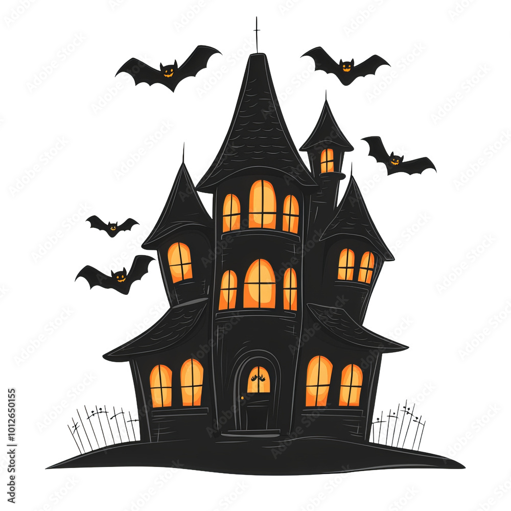 Halloween haunted house image simple silhouette in a cute cartoon style bold black lines