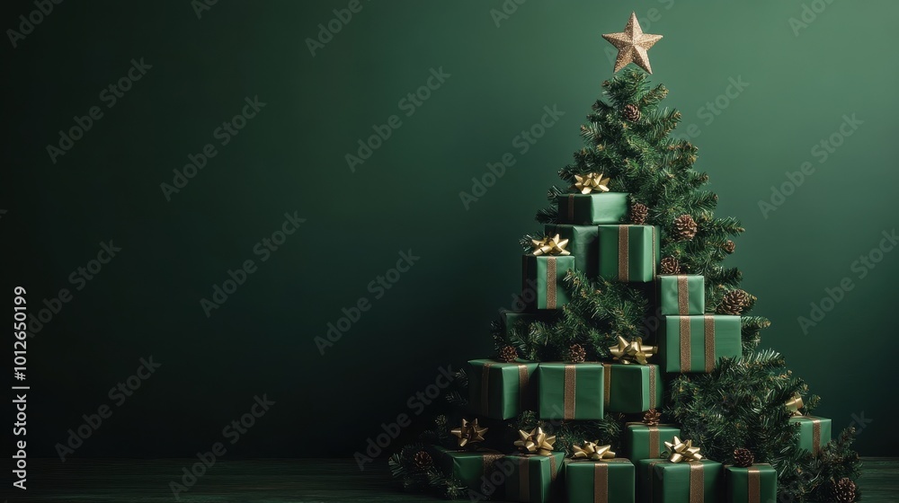Fototapeta premium Green christmas presents and gifts stacked into a festive christmas tree shape