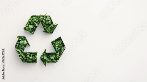 Minimalist design featuring the iconic green recycle symbol on a white background, with generous copy space to convey messages about eco-friendliness and responsible waste management.