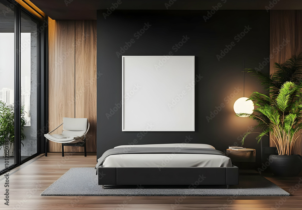 Modern Empty Poster Frame in Minimalist Bedroom Design Modern Empty Poster Frame in Minimalist Bedroom Design