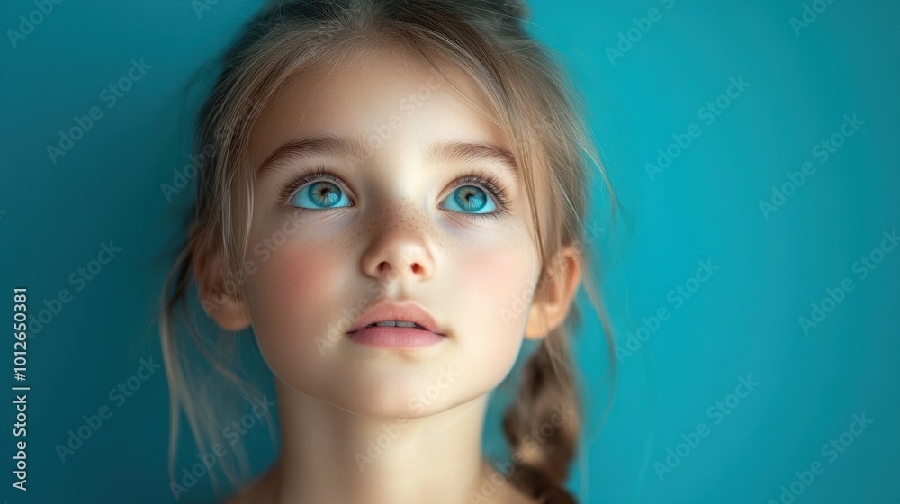 Portrait of a young girl with a thoughtful expression against a blue background. Portrait of a young girl with a thoughtful expression against a blue background.