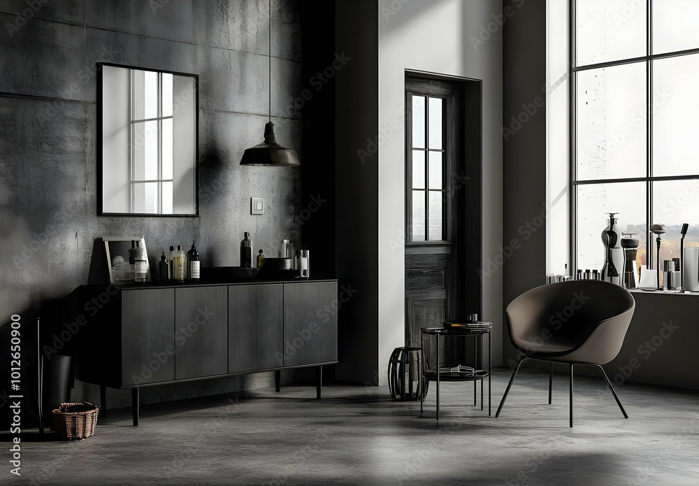 Fototapeta premium Modern Black and Gray Interior with Sideboard and Armchair