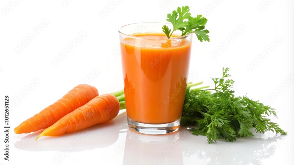 A refreshing carrot juice with fresh carrots and herbs beside it. A refreshing carrot juice with fresh carrots and herbs beside it.