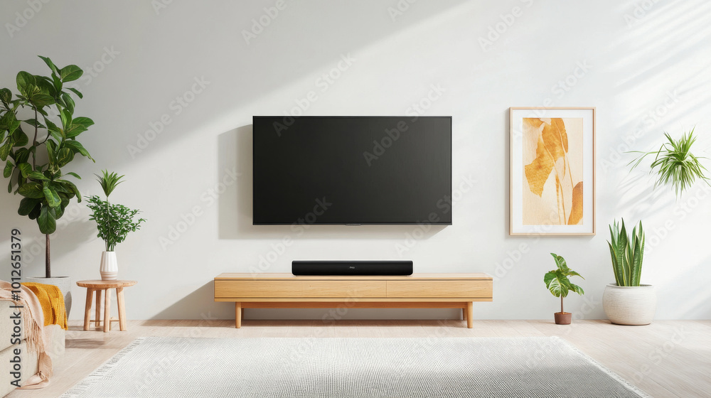 Modern entertainment center featuring sleek TV mounted on wall, complemented by stylish plants and decorative art. warm wooden furniture adds cozy touch to contemporary space Modern entertainment center featuring sleek TV mounted on wall, complemented by stylish plants and decorative art. warm wooden furniture adds cozy touch to contemporary space