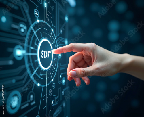 human hand presses the virtual start button