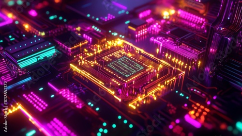 Close up of a glowing circuit board with a processor in the center.