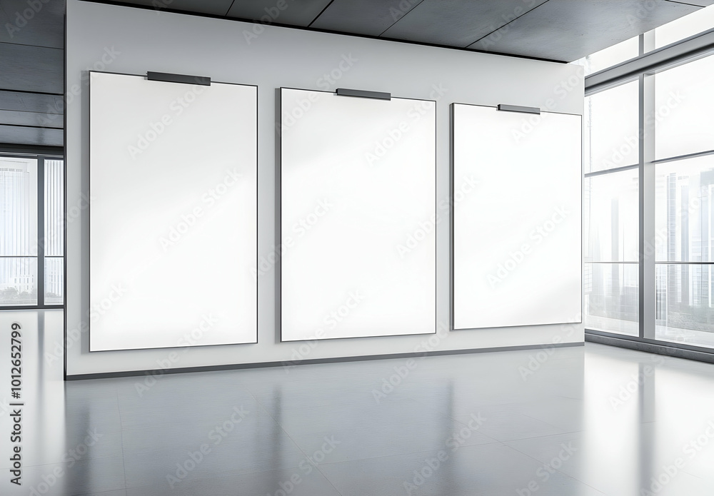 Fototapeta premium Empty Room with Three Blank Posters on the Wall