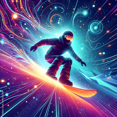 Dynamic Flat Abstract Illustration of a Glowing Snowboarder in a Radiant Snowstorm with Neon Lights and Futuristic Elements