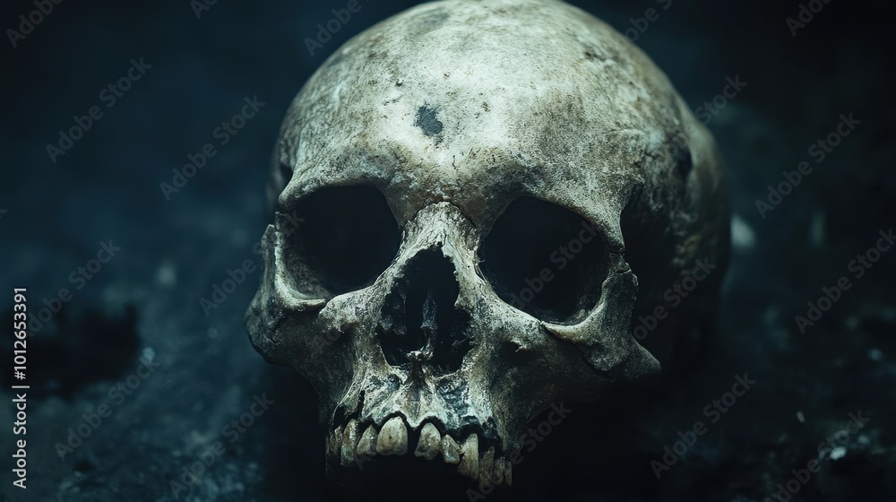 A skull is shown in a dark background A skull is shown in a dark background