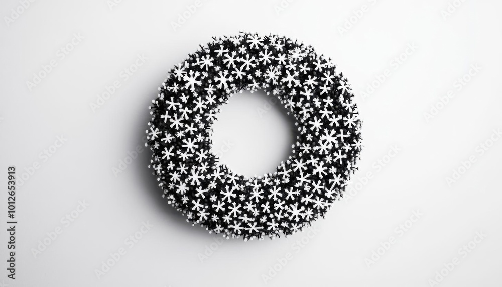 Obraz premium Black Christmas wreath with intricate white snowflake patterns, centered against a plain white background, background, no blur, photo not dark, everything is clear, copy space