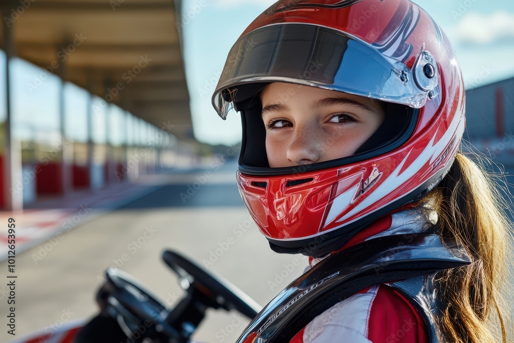 Girl racer posing by karting car in helmet on sunny day Girl racer posing by karting car in helmet on sunny day