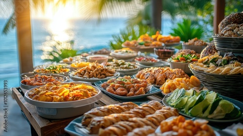 Breakfast in tropical hotel with sea view Buffet food in restaurant in modern resort Concept of travel and summer vacation