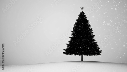 Black silhouette of a Christmas tree against a snowy white background, minimalist snowflakes gently falling, background, no blur, photo not dark, everything is clear, copy space