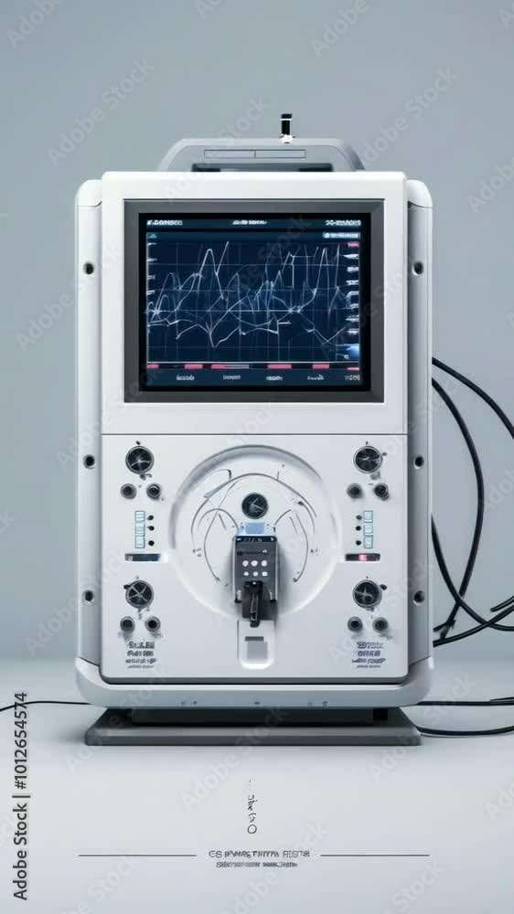 A diagnostic machine with a screen displaying graphs and controls for data analysis. A diagnostic machine with a screen displaying graphs and controls for data analysis.
