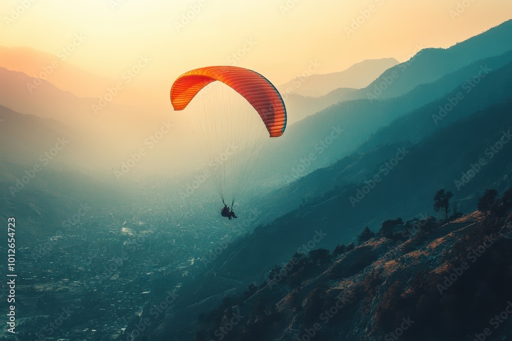 Glide over stunning mountains at dusk Glide over stunning mountains at dusk