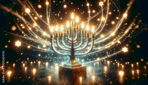 Abstract Glowing Menorah Surrounded by Shimmering Light Trails for Hanukkah Celebrations - Perfect for Festive Advertisements and Banners