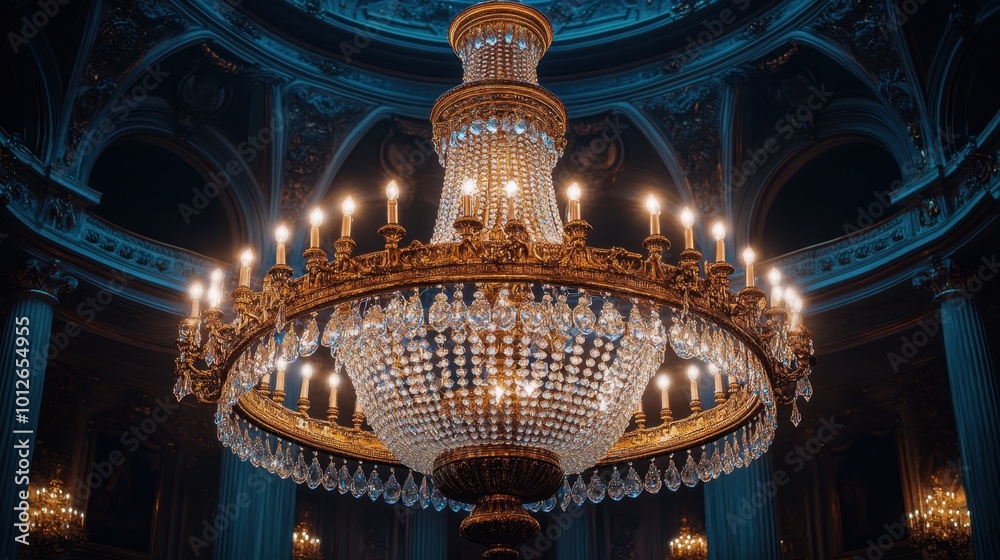 Obraz premium Elegant chandelier hanging in a grand hallway, shot from below, emphasizing the design and opulence 