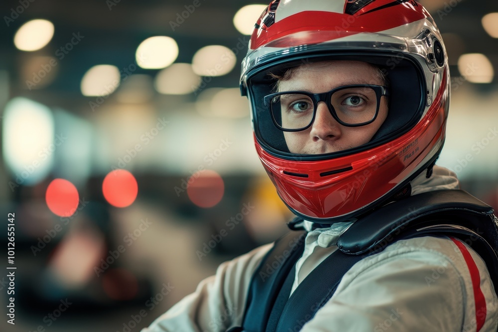 Go kart driver in glasses and sportswear wearing helmet indoors Go kart driver in glasses and sportswear wearing helmet indoors