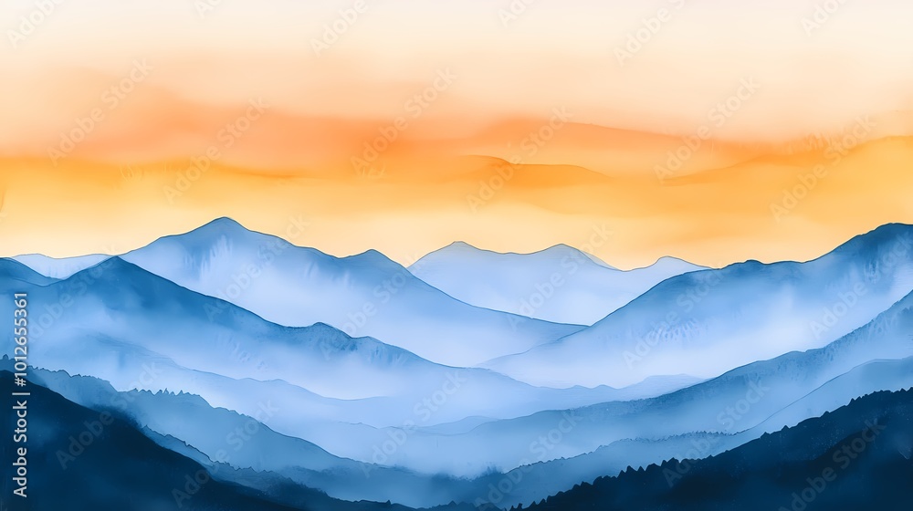 Fototapeta premium Watercolor orange blue landscape illustration poster background