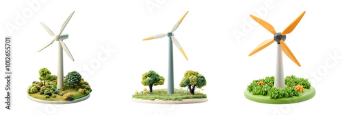 Concept Art Of Three Stylized Wind Turbines in Lush Green Environments photo