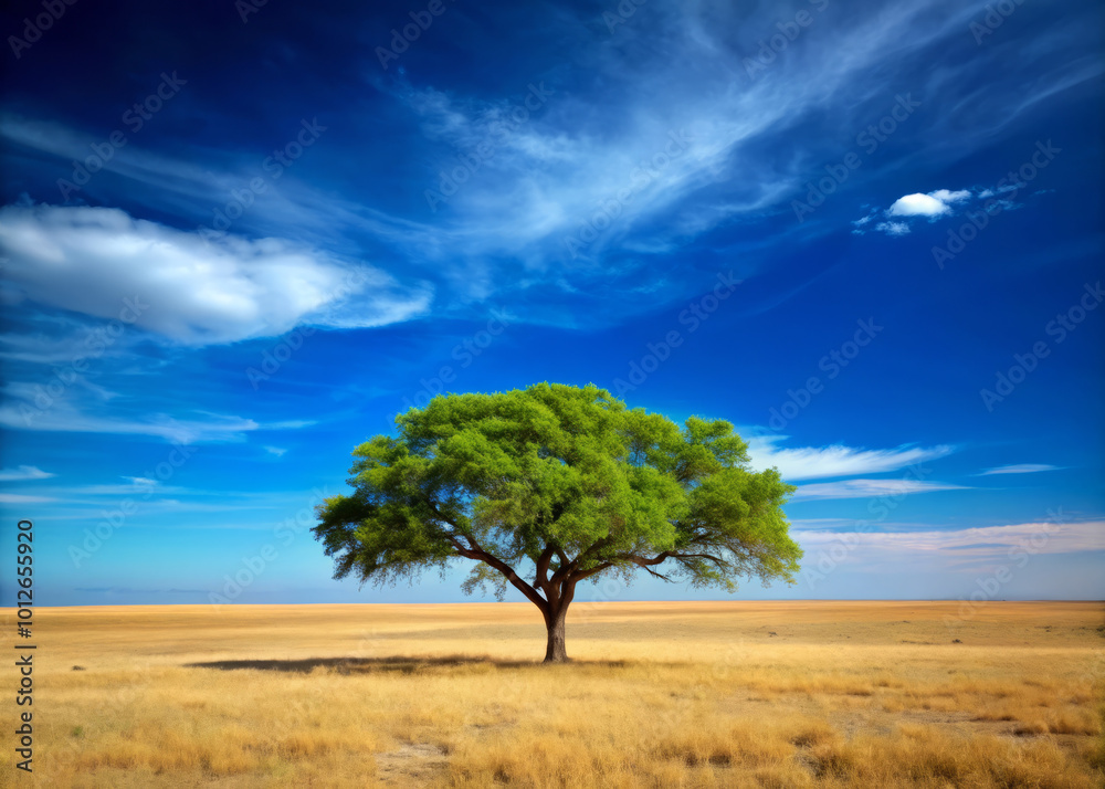 Fototapeta premium solitary tree stands majestically in vast open plain, surrounded by golden grass under bright blue sky. scene evokes sense of tranquility and connection to nature
