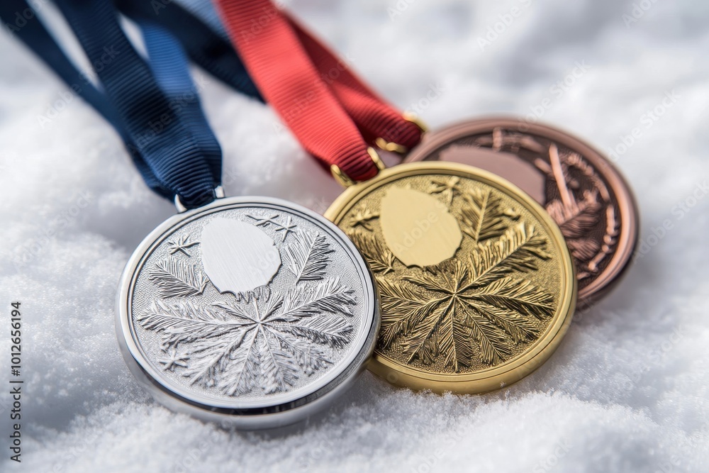 Gold silver and bronze medals on snowy background Winter sports trophies for various events Image for 2018 Pyeongchang Winter Olympics