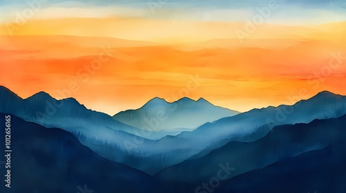 Watercolor orange blue landscape illustration poster background