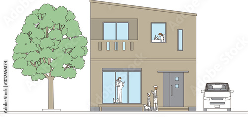 住宅の外観と親子家族と自家用車がある風景のイラスト