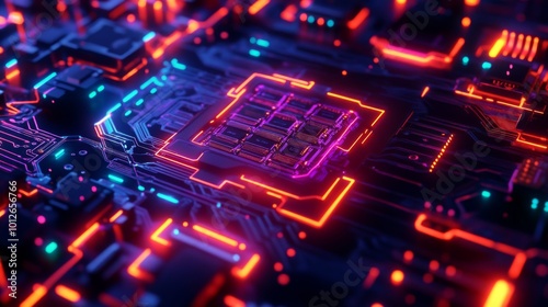 Closeup of a glowing circuit board with neon lights.