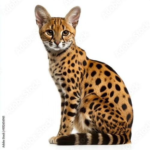 stunning Cheetoh cat displays its striking spotted coat and large ears while sitting elegantly on a clean, white surface. The feline exudes charm and character, inviting admiration.