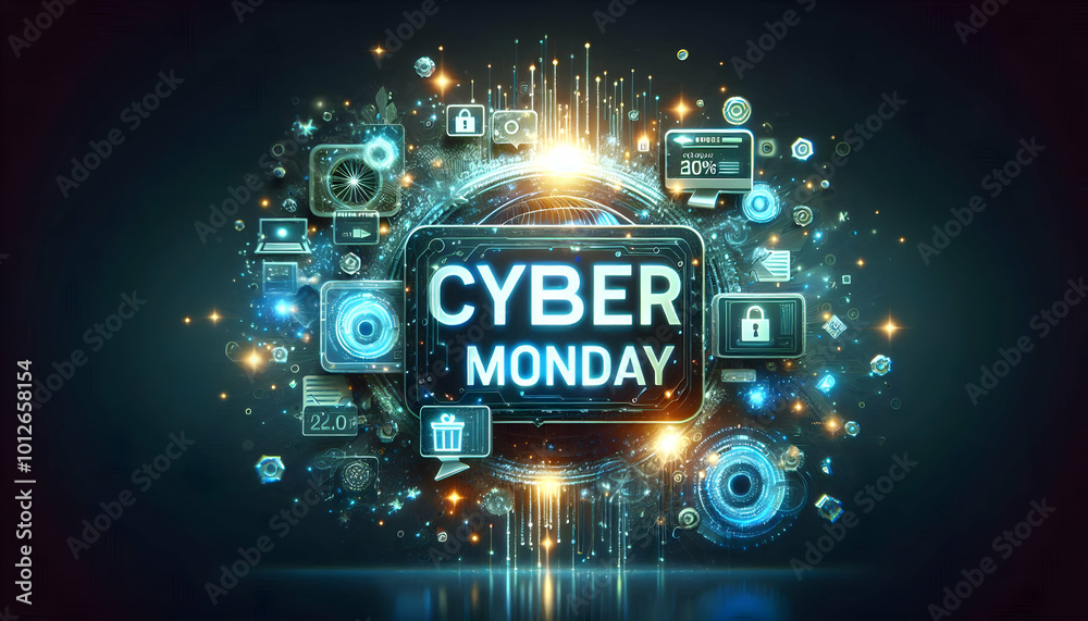 Abstract Glowing Cyber Monday Offer with Tech-Inspired Digital Glow Elements - Wide Angle Ecommerce Promotions and Retail Sales in Photo Stock Concept Abstract Glowing Cyber Monday Offer with Tech-Inspired Digital Glow Elements - Wide Angle Ecommerce Promotions and Retail Sales in Photo Stock Concept