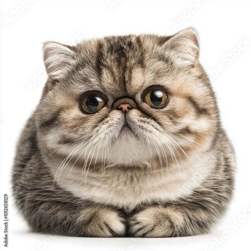delightful Minuet cat with a plush, rounded body and short legs sits quietly on a clean white surface, showcasing its adorable features and captivating gaze.