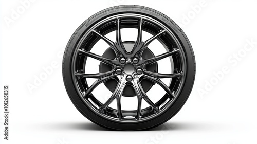 Isolated on a white background are the racing wheel and tire side view, vehicle tire, aluminum wheels, and modern wheel rim.  photo