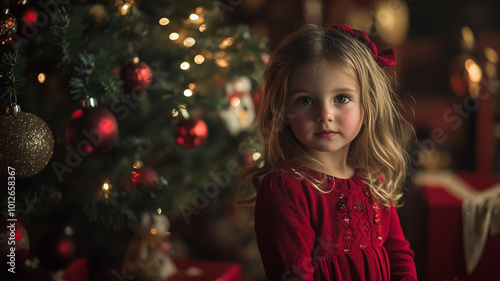 A young girl dressed in red celebrates Christmas Day by a beautifully decorated tree