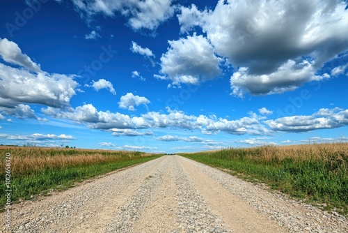 Gravel road in countryside under cloudy sky