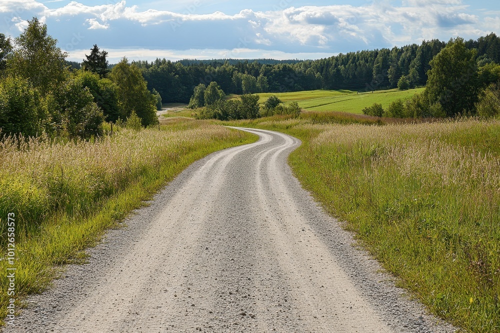 Fototapeta premium Gravel road in rural area with field view